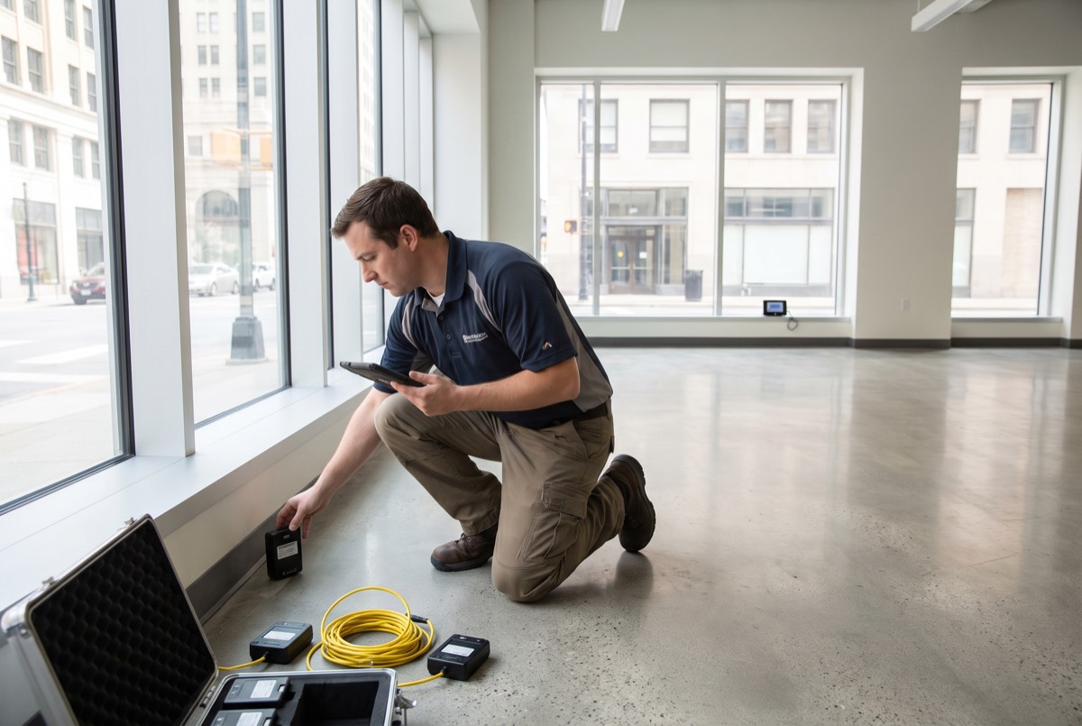 Technician placing multiple radon monitors in a commercial ground-floor space