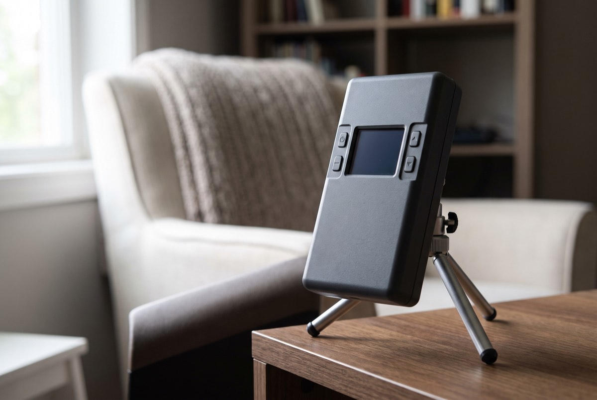 Continuous radon monitor with digital display during a home test in Dallas, TX
