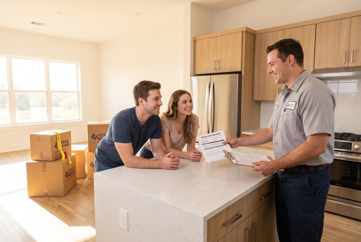 Radon technician handing test results to a couple in their new Dallas home